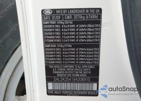 2009 Land Rover Range Rover Sport Hse z USA, uszkodzony, nr VIN SALSK25419A206910